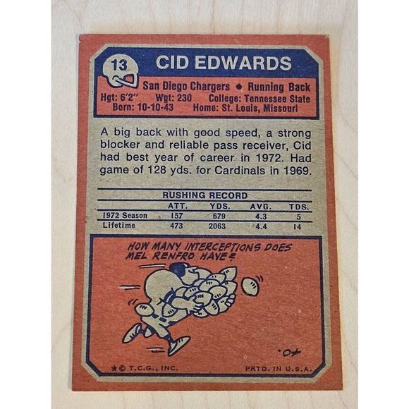1973 Topps #13 Cid Edwards San Diego Chargers Football Card - Picture 3 of 5